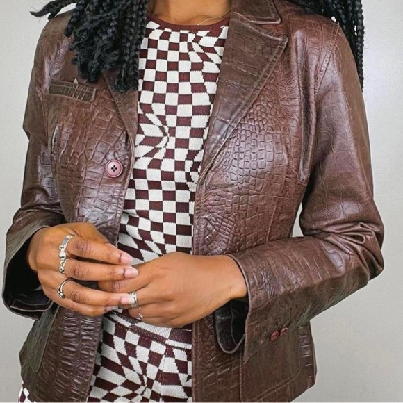 LOFT Brown Reptile Embossed Leather Two-Button Blazer Jacket - Picture 1 of 10